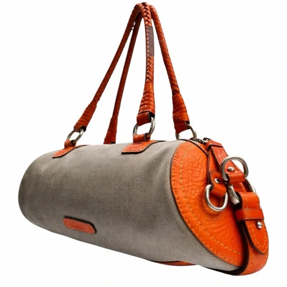 Cole Han Gray Canvas Orange Leather Barrel Satchel - Picture 2 of 16